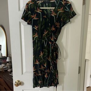 Tropical Print Wrap Midi Dress in Black and Green - Philippe Le Bac